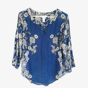 CHRISTOPHER & Banks Blue Floral Swiss Dot Top